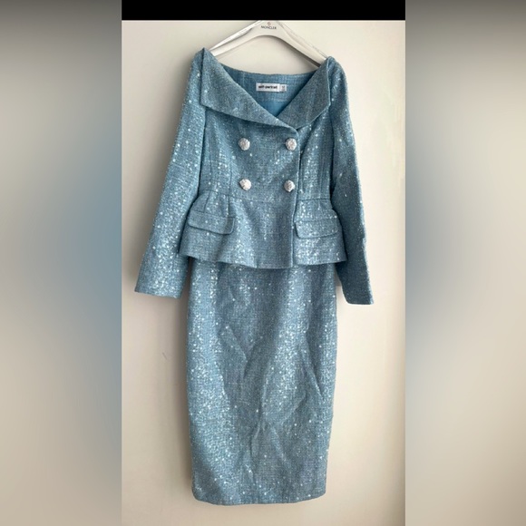 Self Portrait BLUE SEQUIN BOUCLE MIDI DRESS - Picture 2 of 4